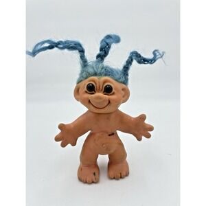 Vtg Thomas Dam  6"‎ Troll Blue Glass Eyes Blue Hair Backstamp Turning Head